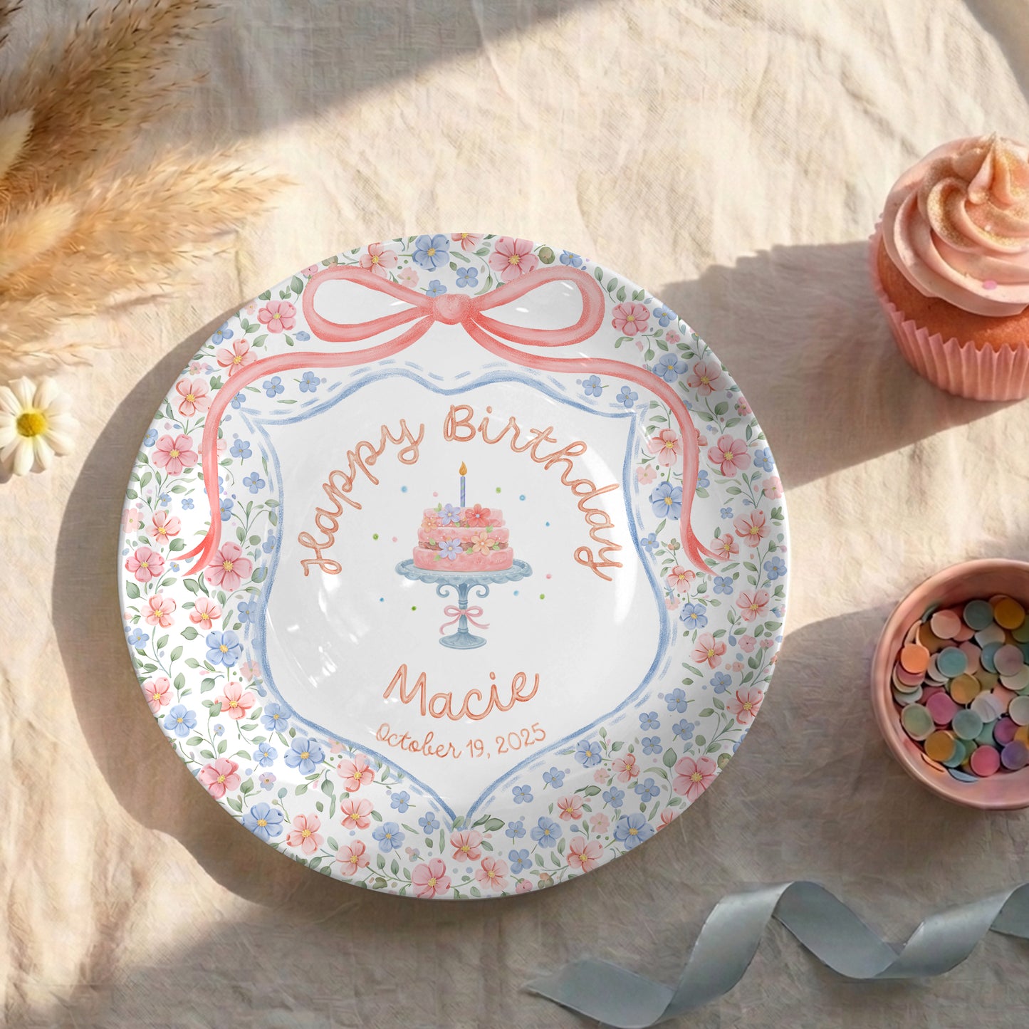 Pastel Floral Bow Cake Personalized Birthday Plate for Kids P317AIP0