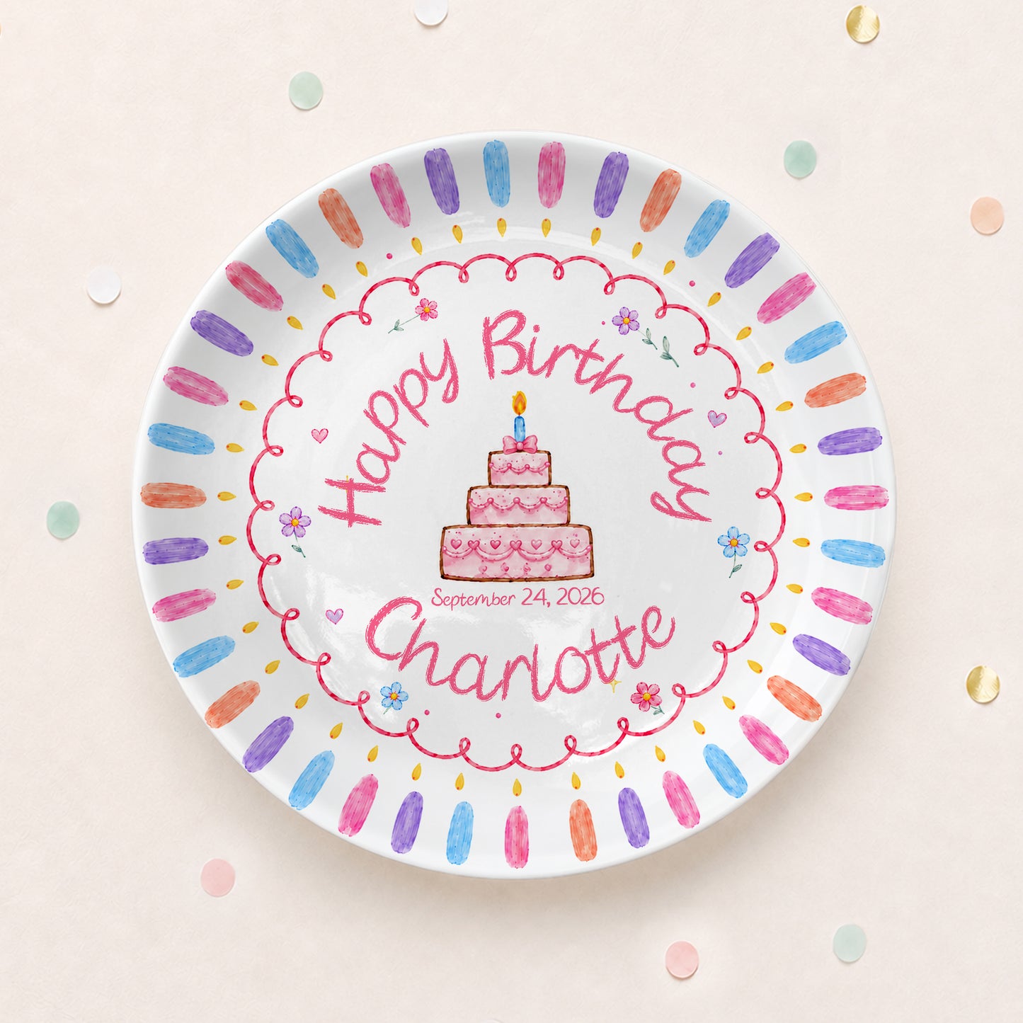 Colorful Candle Border with Tiered Birthday Cake Personalized Birthday Plate D69OJI0