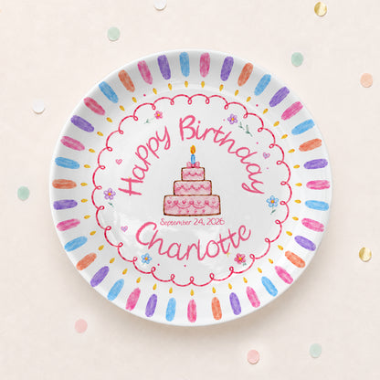 Colorful Candle Border with Tiered Birthday Cake Personalized Birthday Plate D69OJI0