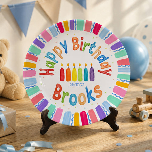 Rainbow Stripe Colorful Candle Personalized Birthday Plate D6103AG0
