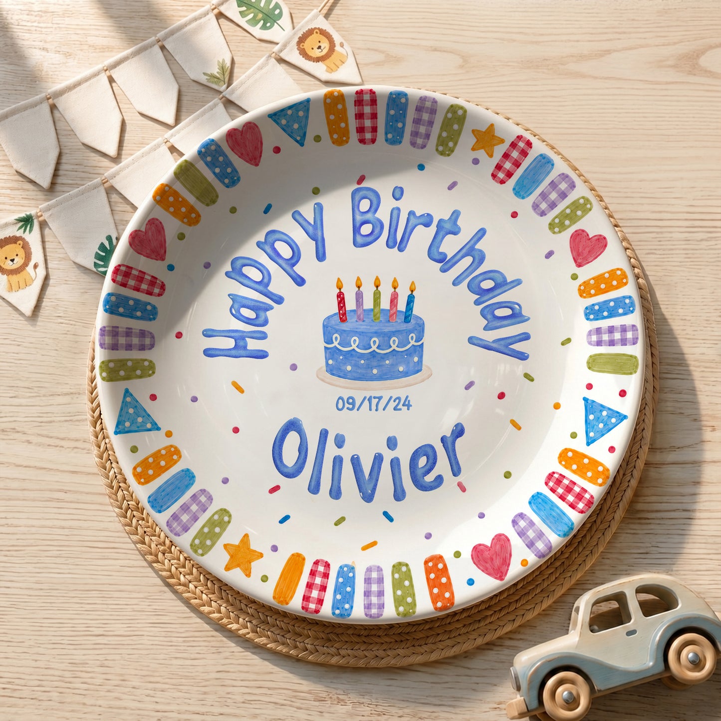 Blue Cake and Colorful Confetti Personalized Birthday Plate P6174GK0