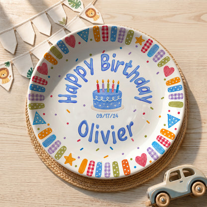 Blue Cake and Colorful Confetti Personalized Birthday Plate P6174GK0