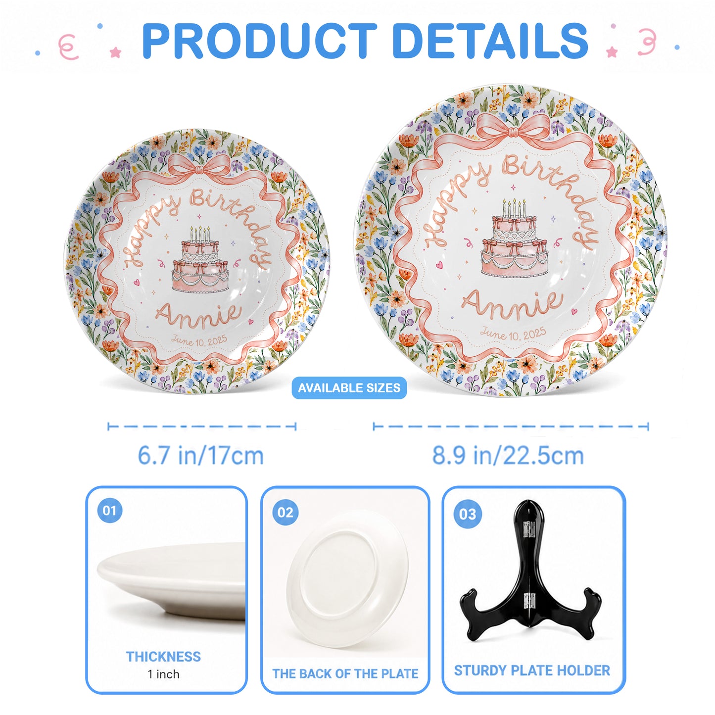 Floral Bow Birthday Cake Personalized Birthday Plate for Kids Keepsake P86TSJ0
