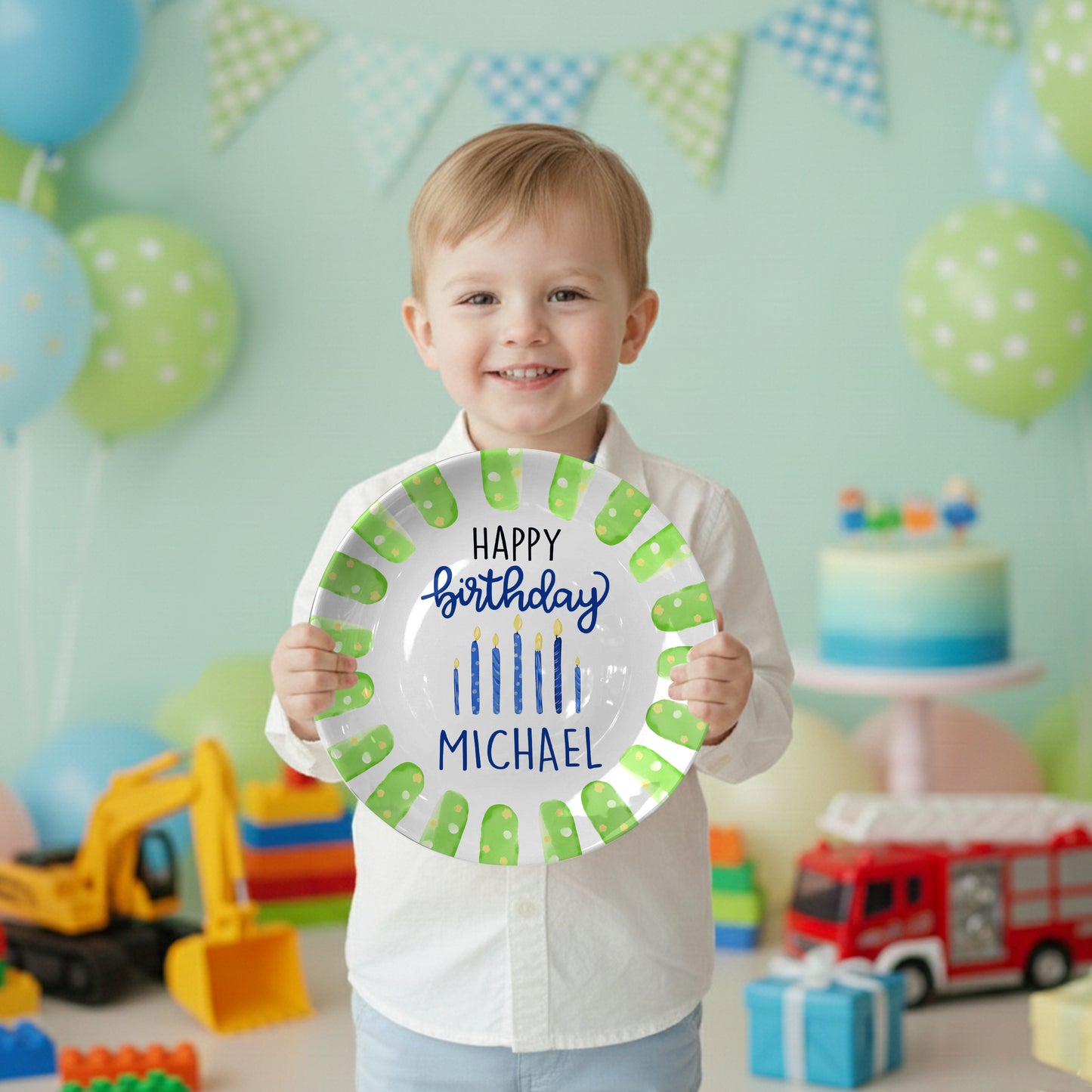 Green Brush Border with Blue Candles Personalized Birthday Plate D923B6N0
