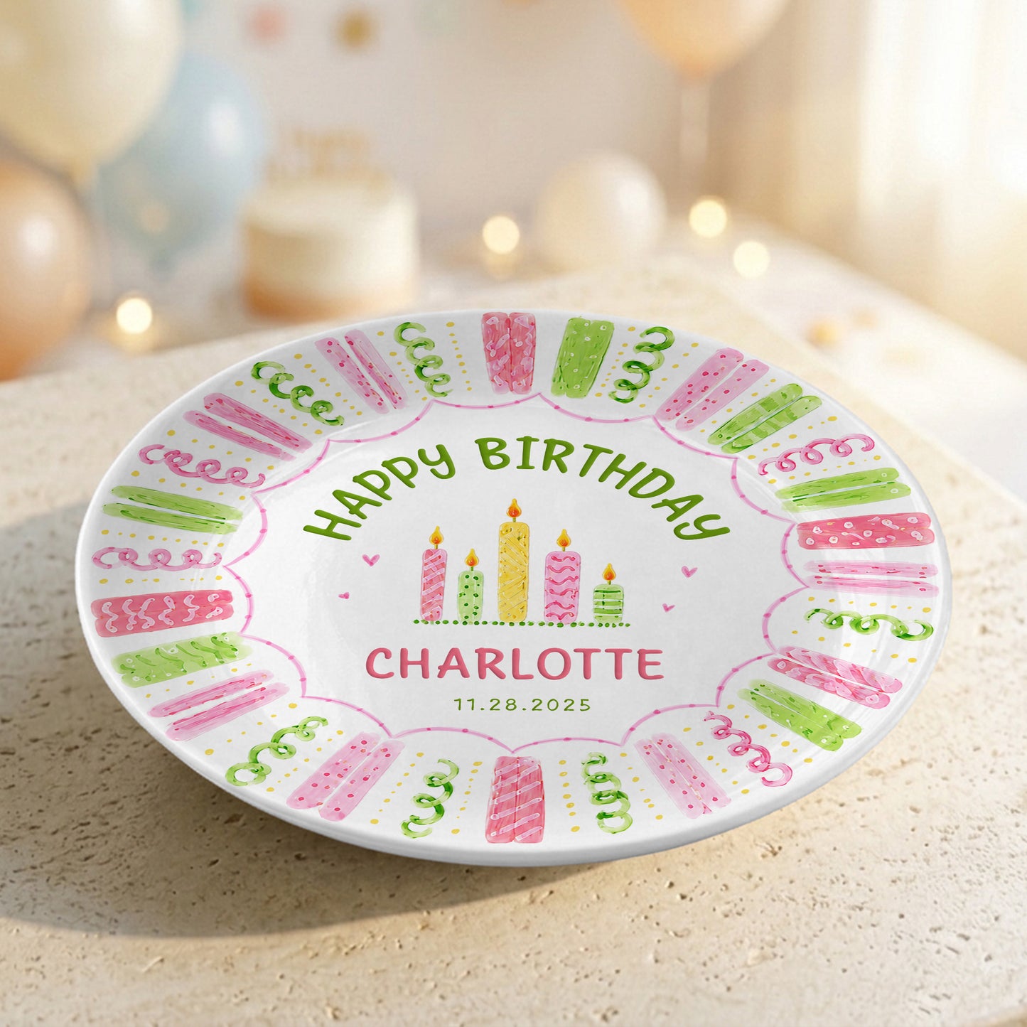 Colorful Pink Green Candle Design Personalized Birthday Plate for Kids P814XTQ0