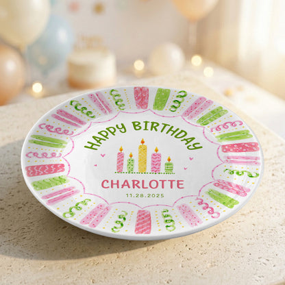 Colorful Pink Green Candle Design Personalized Birthday Plate for Kids P814XTQ0