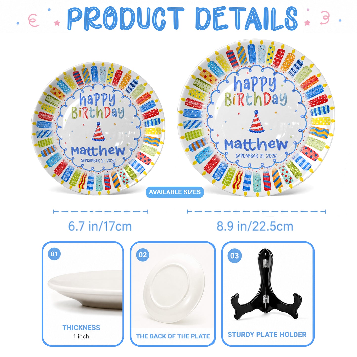 Colorful Candle Celebration Custom Name Ceramic Keepsake Personalized Birthday Plate P82509W0