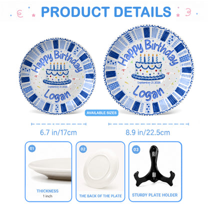 Blue Checkered Cake Personalized Birthday Plate for Boys Birthday Gift P812TGN0