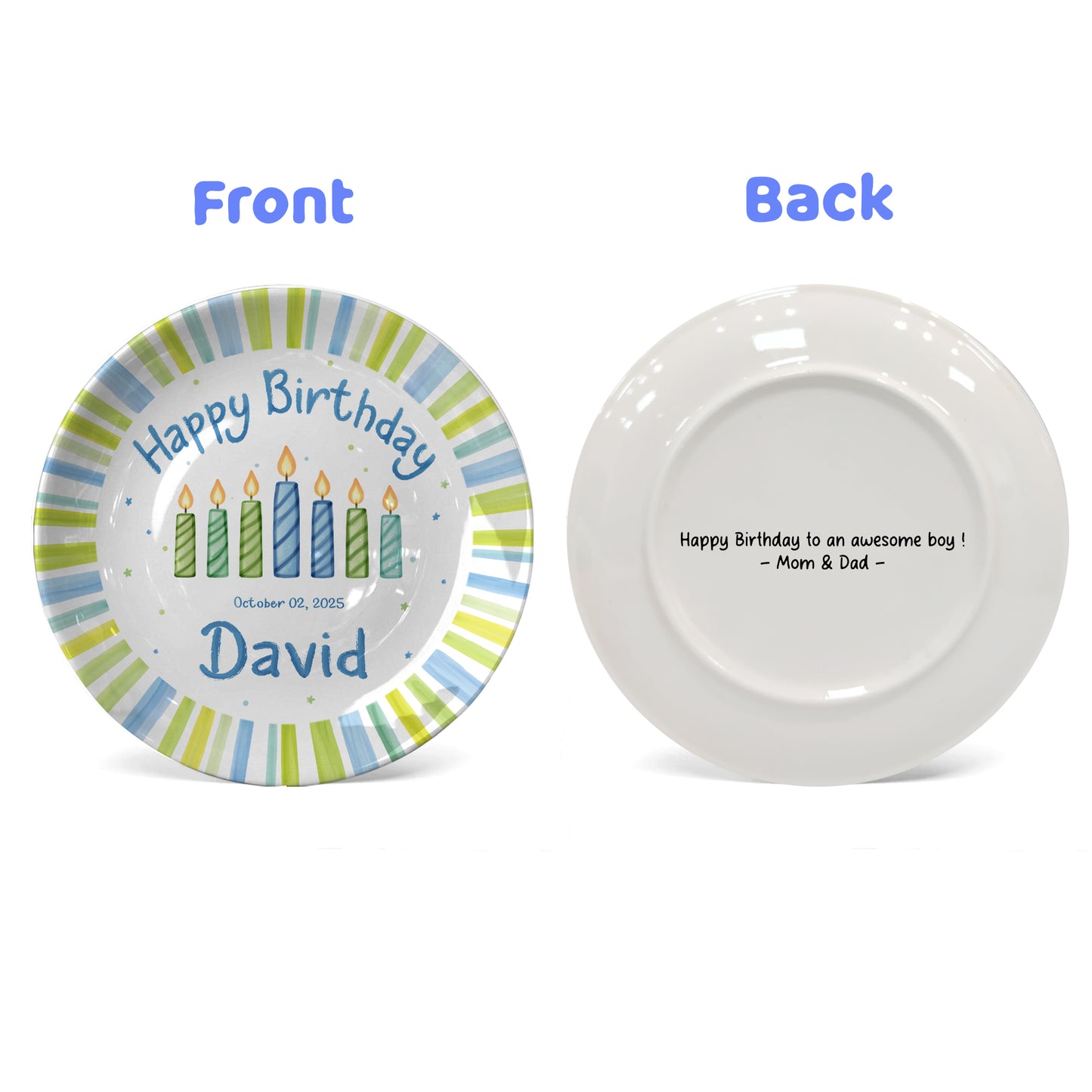 Blue Green Stripe Candle Personalized Birthday Plate for Kids D321PXW0