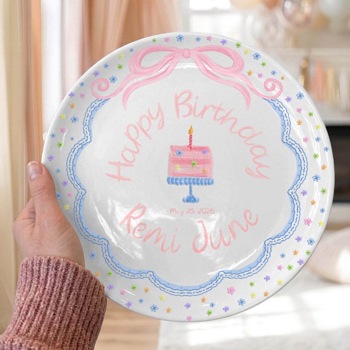 Pink Bow with Tiny Flower Border Personalized Birthday Plate P41A4U0