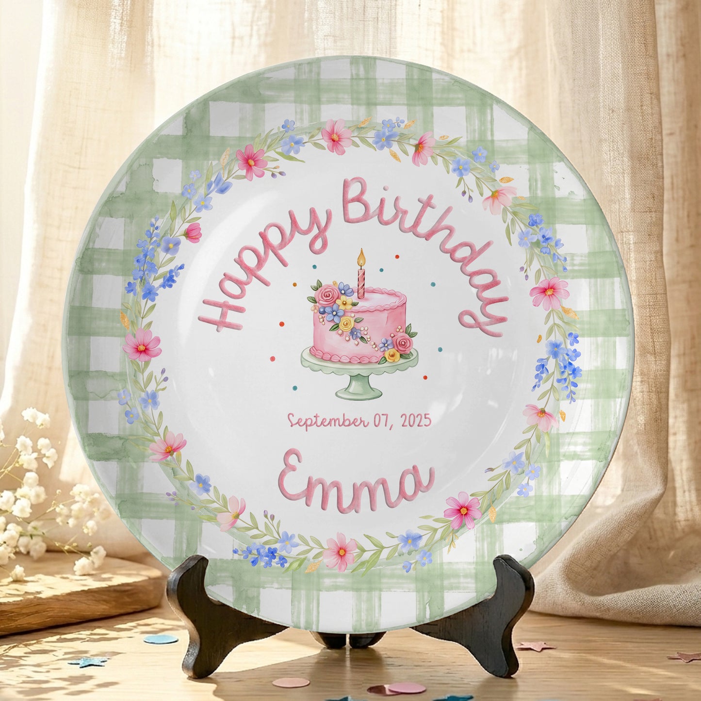 Sage Green Floral Cake Personalized Birthday Plate P331MYL0