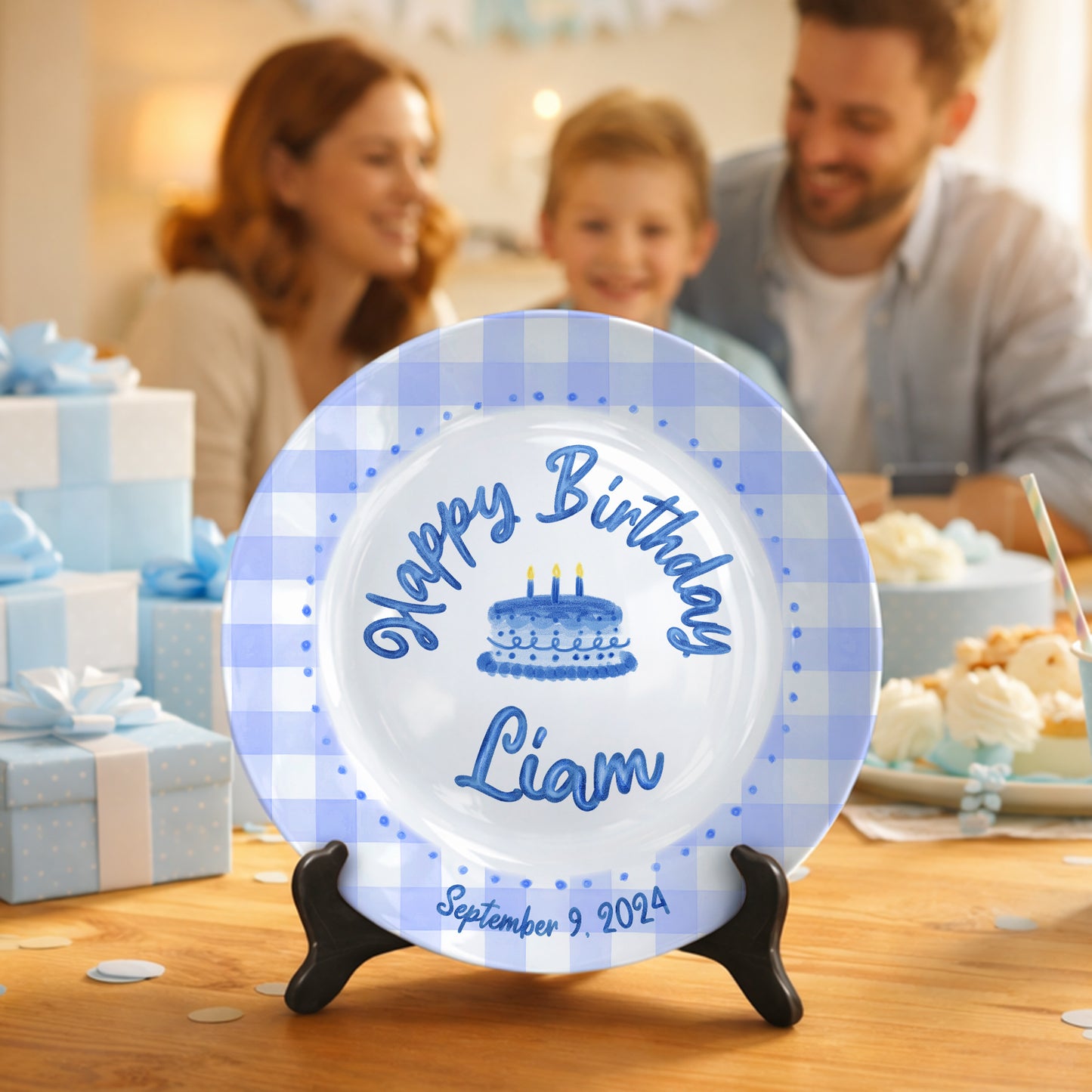 Blue Gingham Border with Blue Birthday Cake Personalized Birthday Plate P415SDU0