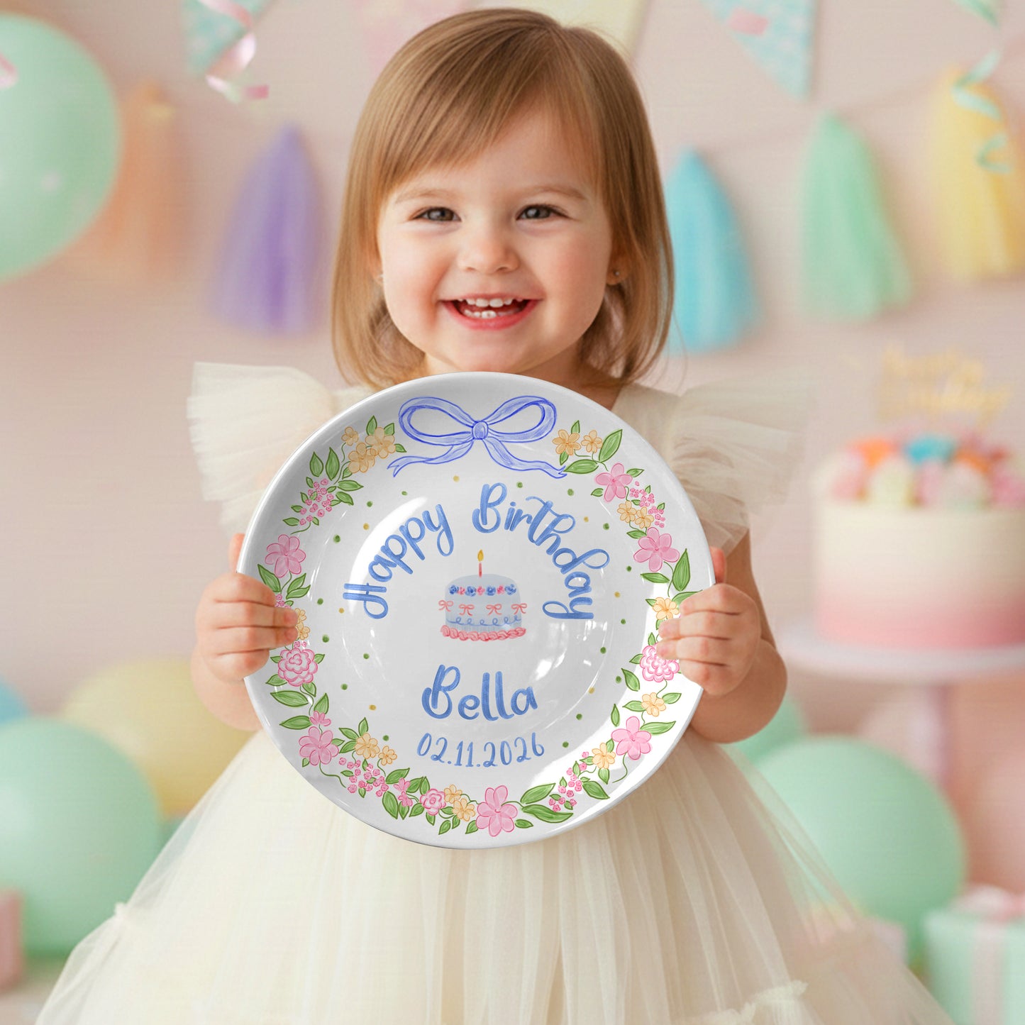 Blue Bow Flower Border Personalized Birthday Plate P311I7Y0