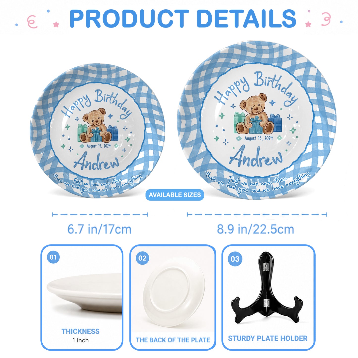 Blue Teddy Bear Birthday Keepsake Personalized Birthday Plate for Baby Boy P625FJ00