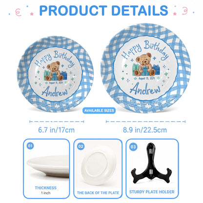 Blue Teddy Bear Birthday Keepsake Personalized Birthday Plate for Baby Boy P625FJ00