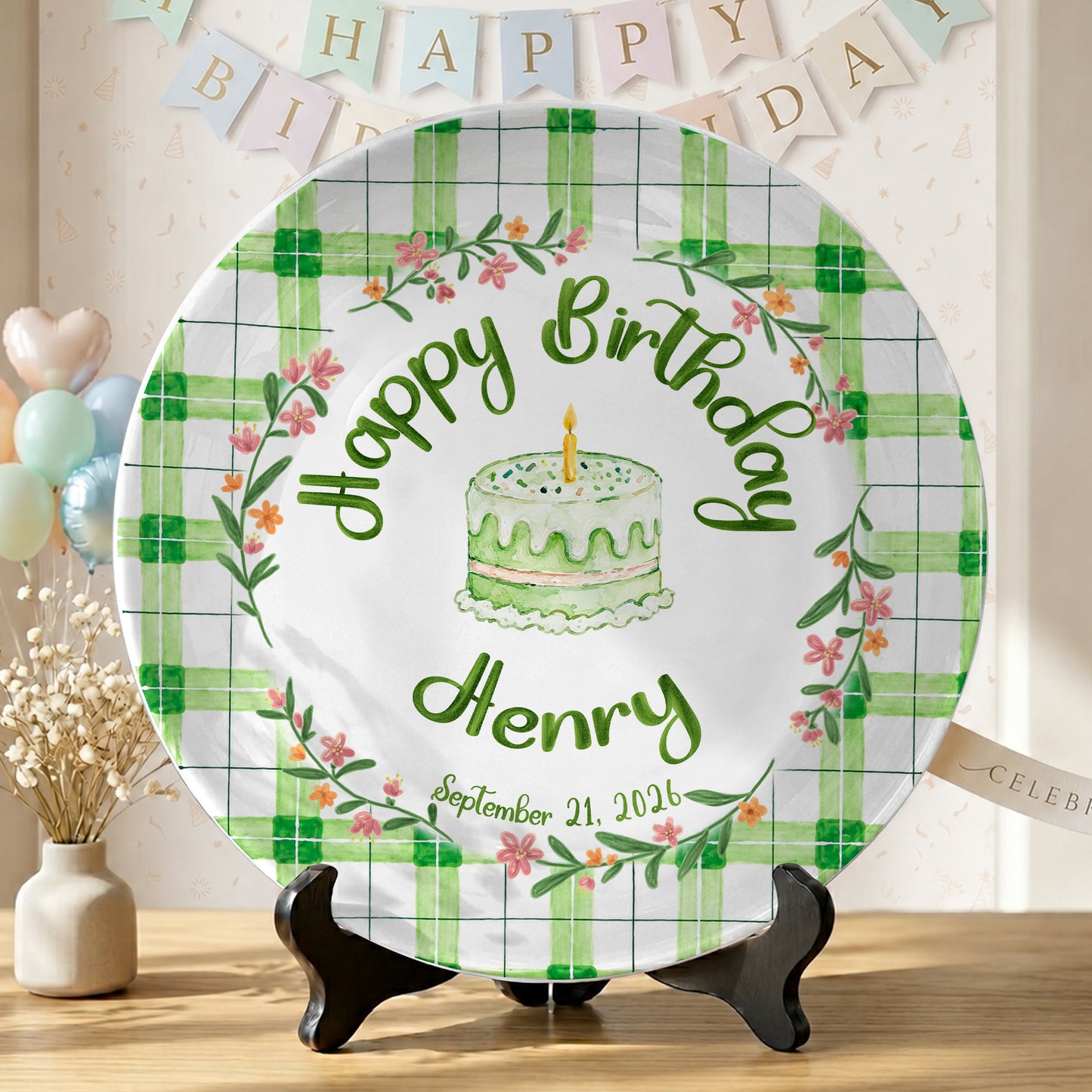 Green Gingham Daisy Birthday Keepsake Personalized Birthday Plate P627TBG0