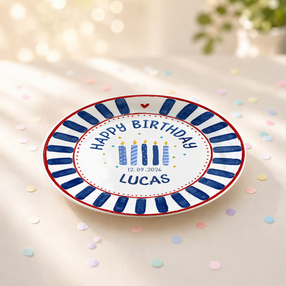 Blue Striped Birthday Candles Personalized Birthday Plate P626KF7TT