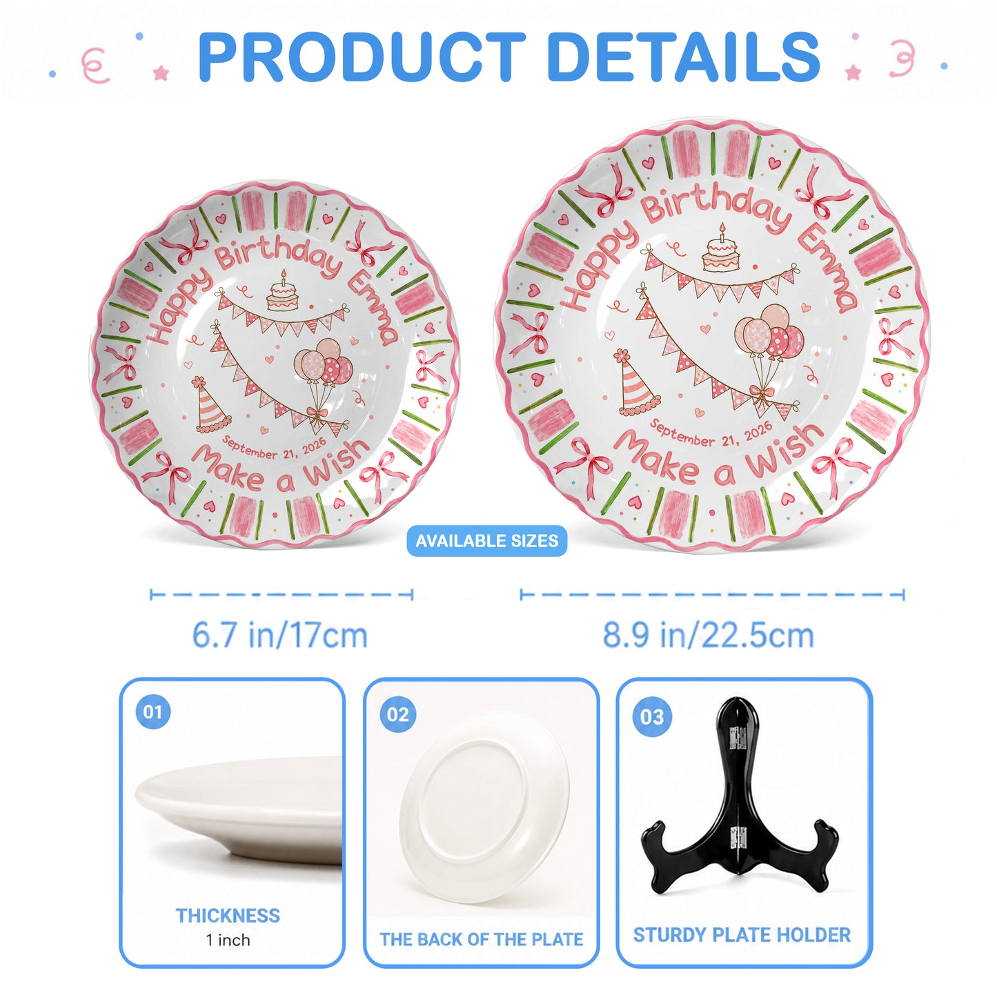 Pink Floral Girl Cake Balloon Make Wish Personalized Birthday Plate P810UCS0