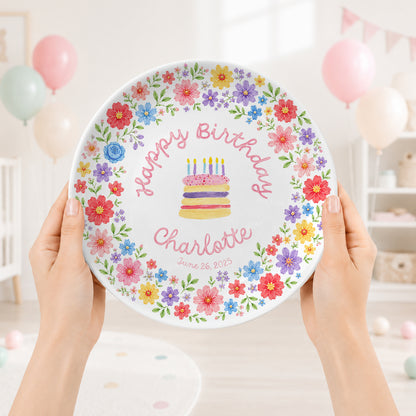 Colorful Floral Cake Personalized Birthday Plate D610EAF0