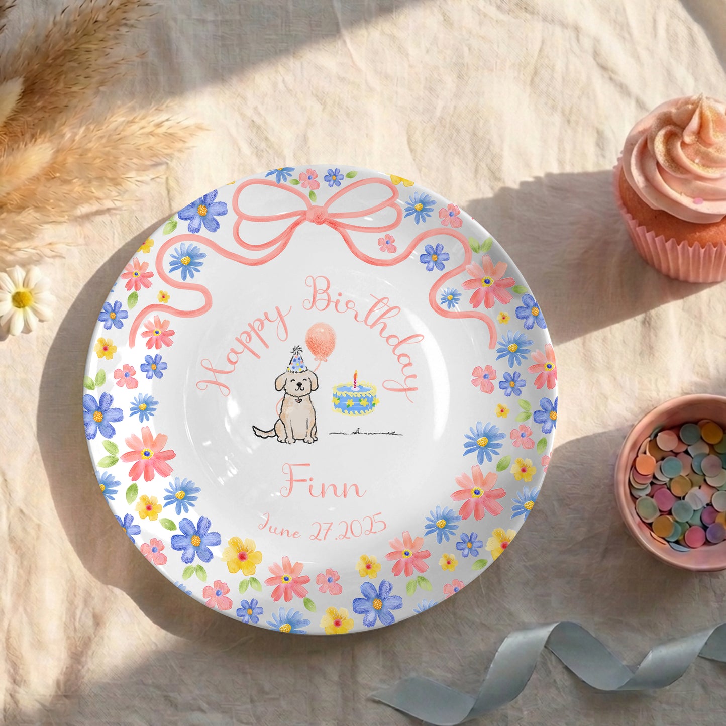 Pink Bow with Pastel Floral Border and Birthday Puppy Personalized Birthday Plate P522HZQ0