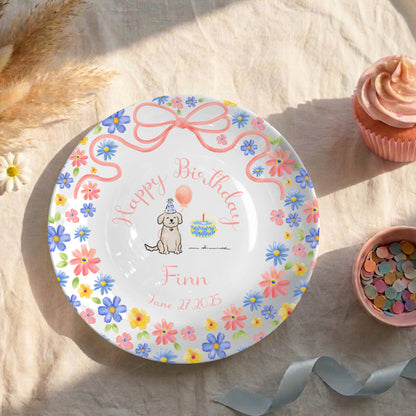 Pink Bow with Pastel Floral Border and Birthday Puppy Personalized Birthday Plate P522HZQ0