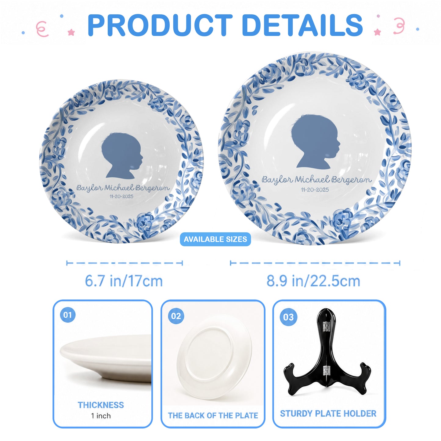 Blue Floral Silhouette Personalized Birthday Plate for Kids, Custom Name and Date Ceramic Keepsake P85LY90