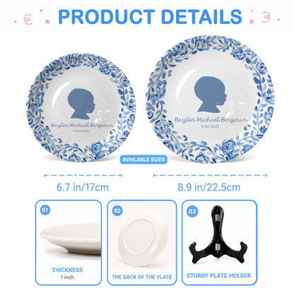Blue Floral Silhouette Personalized Birthday Plate for Kids, Custom Name and Date Ceramic Keepsake P85LY90