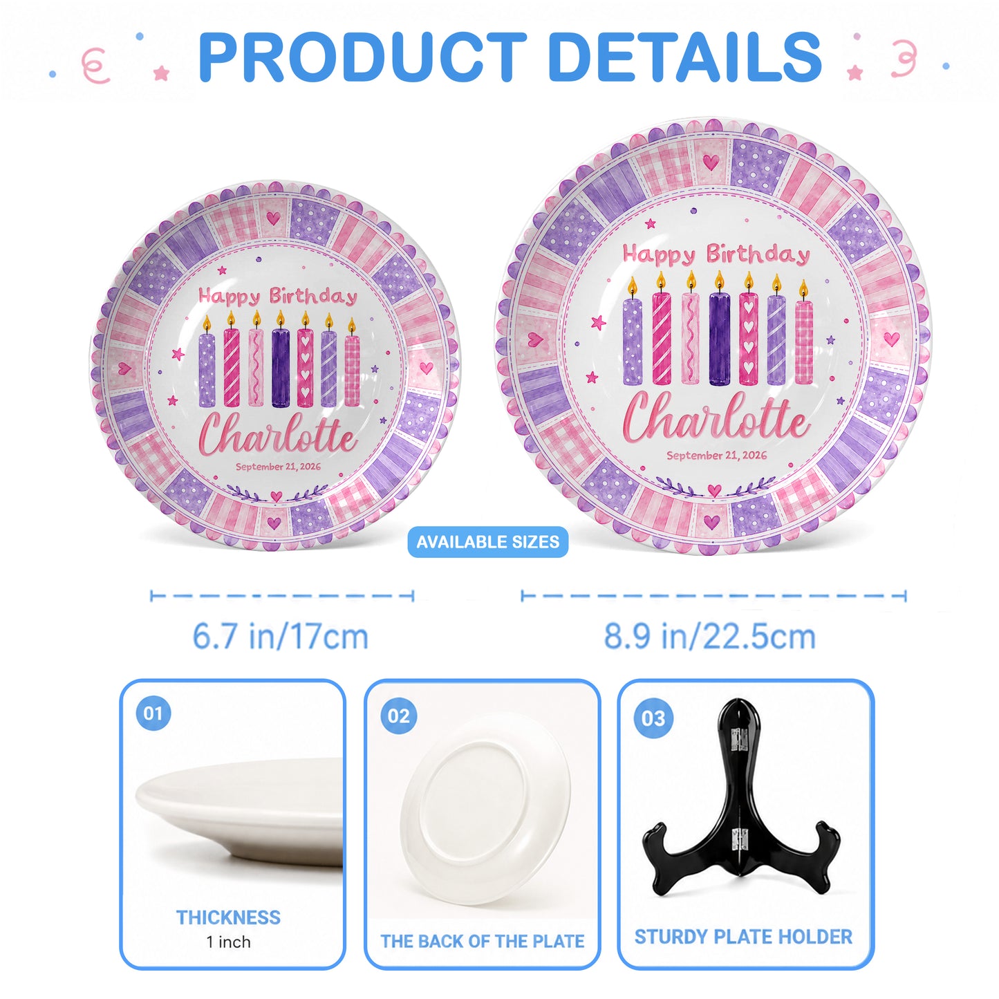 Pink Purple Candle Girl First Birthday Keepsake Personalized Birthday Plate P815CM10