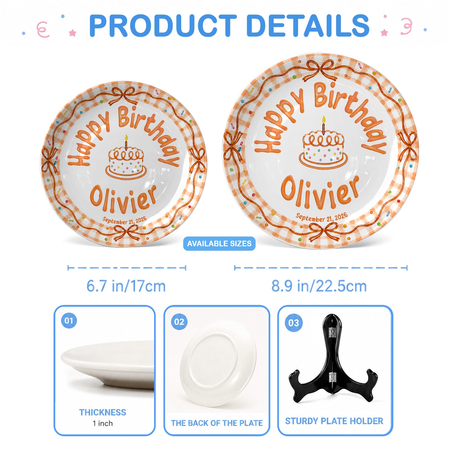 Orange Gingham Bow Personalized Birthday Plate for Kids, Custom Name and Date Ceramic Keepsake P85RP60