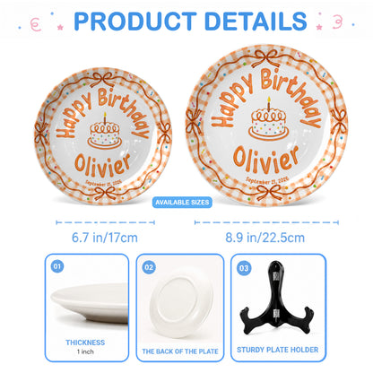 Orange Gingham Bow Personalized Birthday Plate for Kids, Custom Name and Date Ceramic Keepsake P85RP60