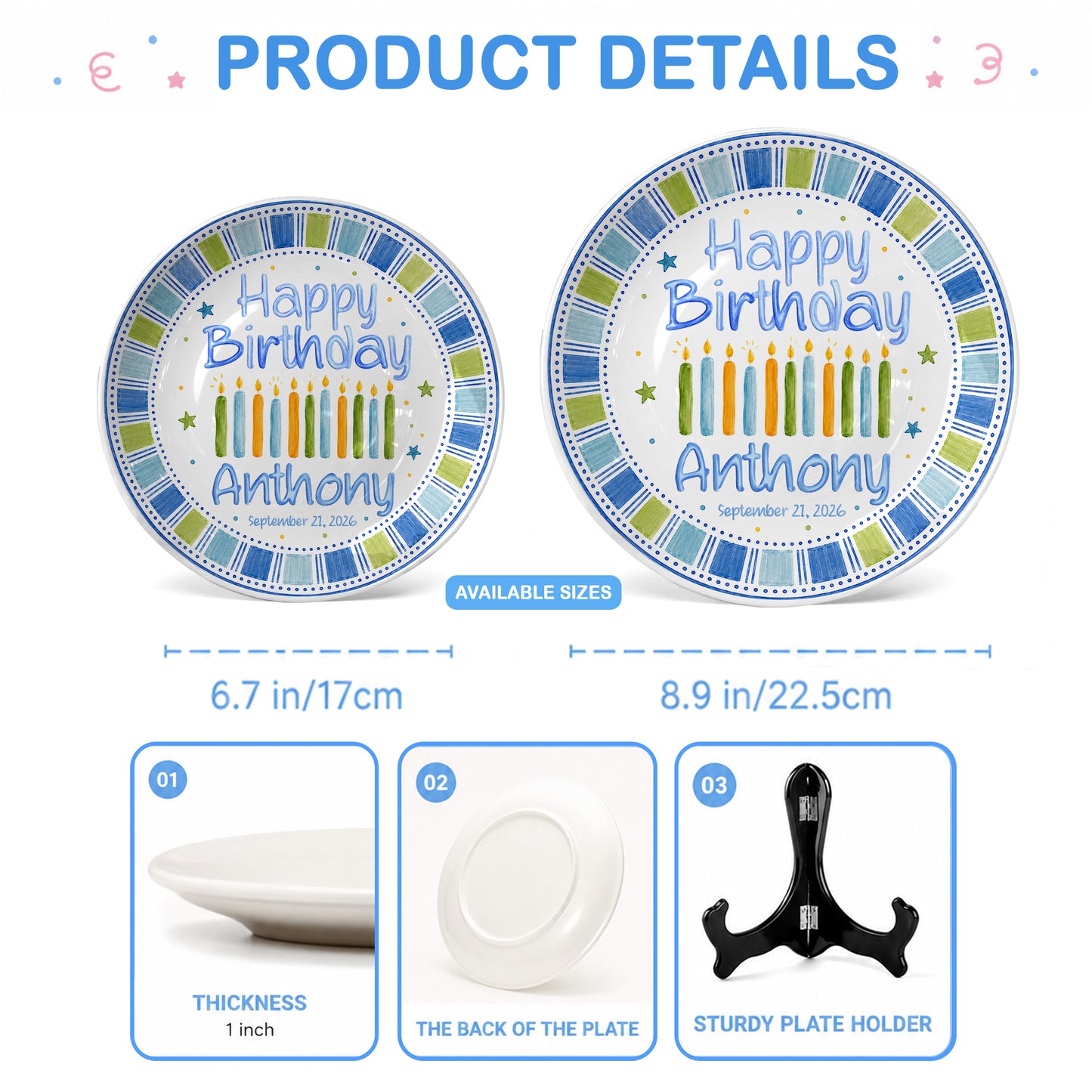 Blue Candle Celebration Personalized Birthday Plate for Kids Ceramic Keepsake Gift P728GIG0