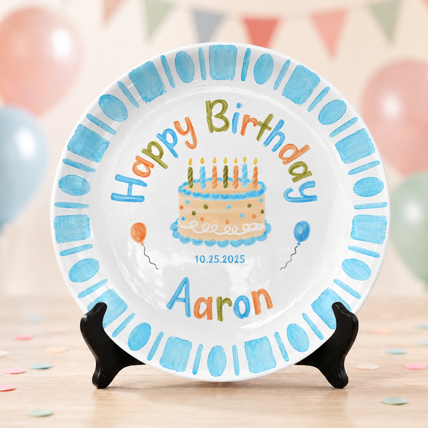 Blue Checkerboard Candle Custom Name Keepsake Personalized Birthday Plate P826TTU0