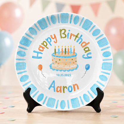 Blue Checkerboard Candle Custom Name Keepsake Personalized Birthday Plate P826TTU0
