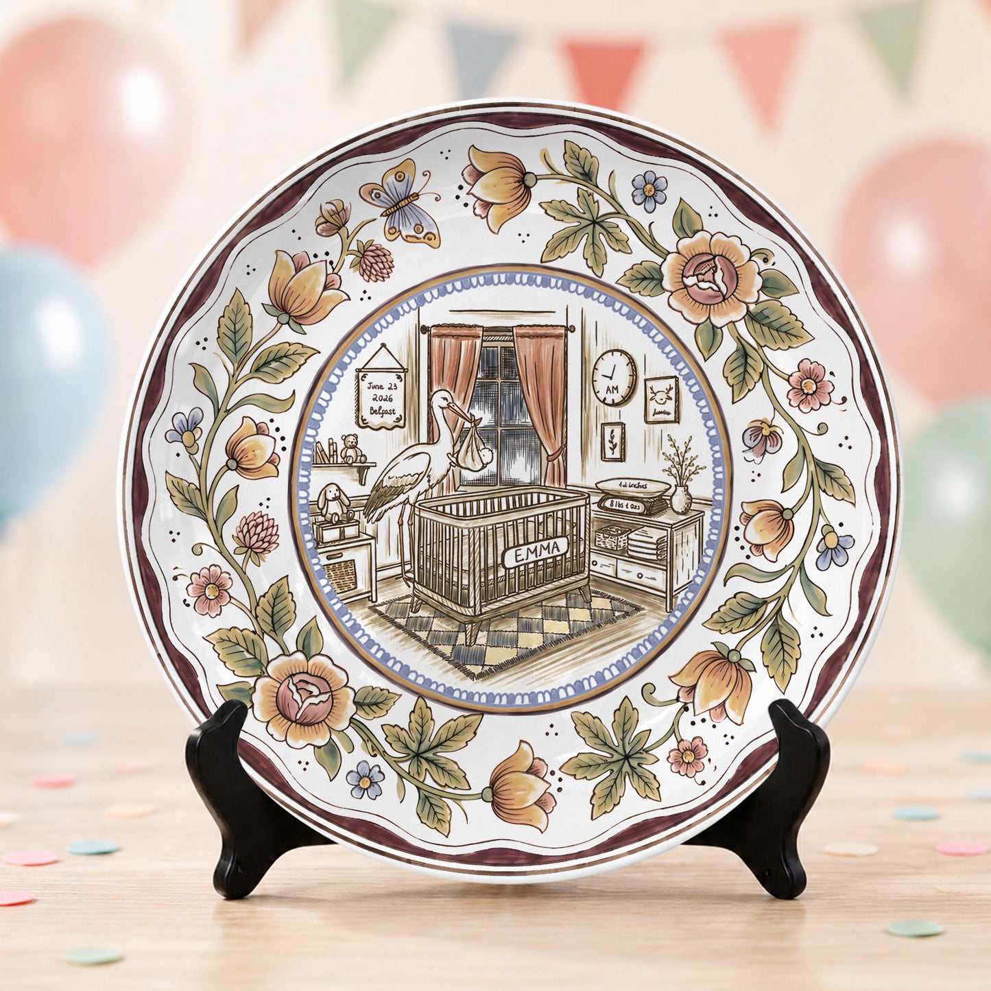 Floral Goose Baby Birth Stats Custom Ceramic Personalized Birthday Plate P825ZLY0