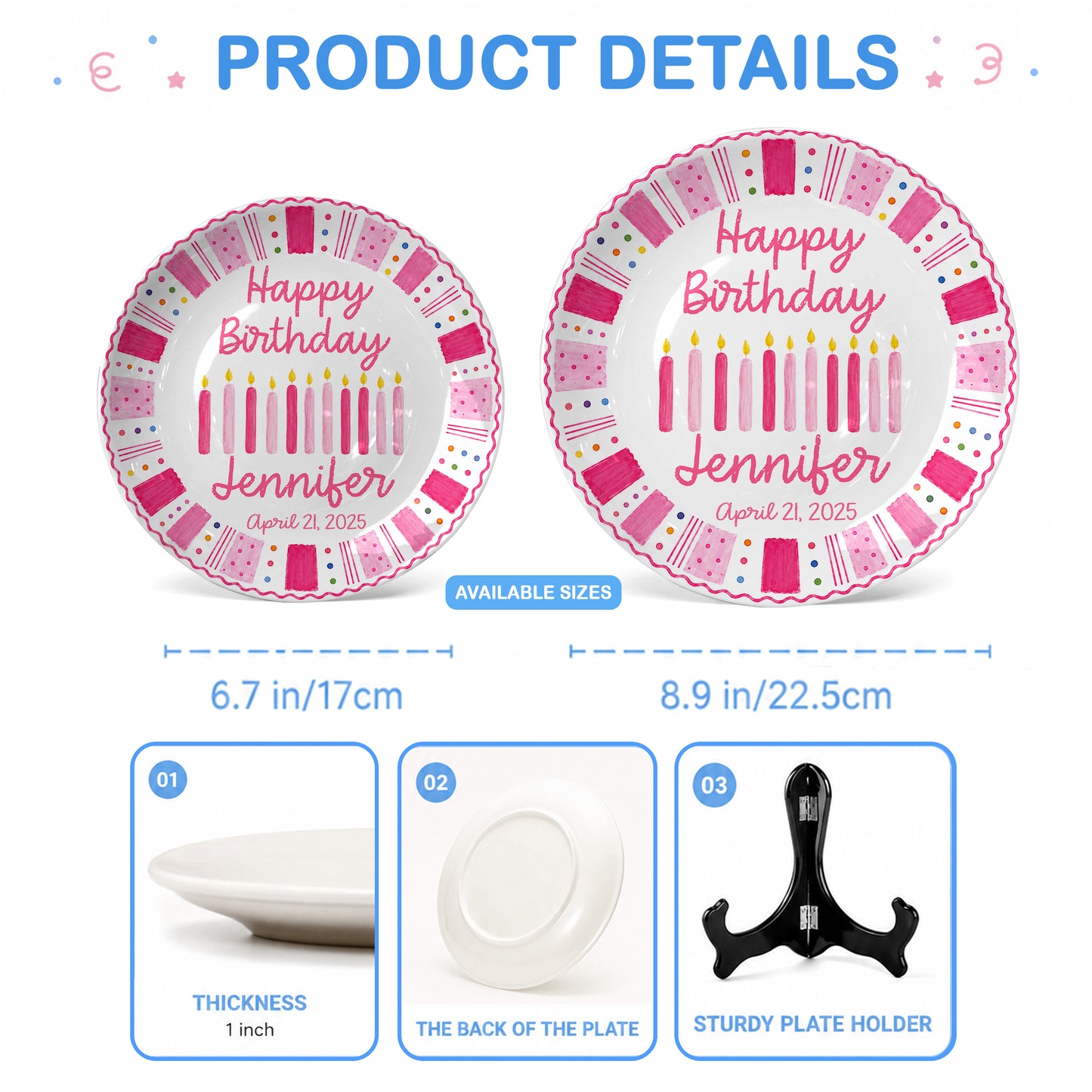 Pink Birthday Candles Personalized Birthday Plate for Kids Ceramic Keepsake Gift P86W4N0