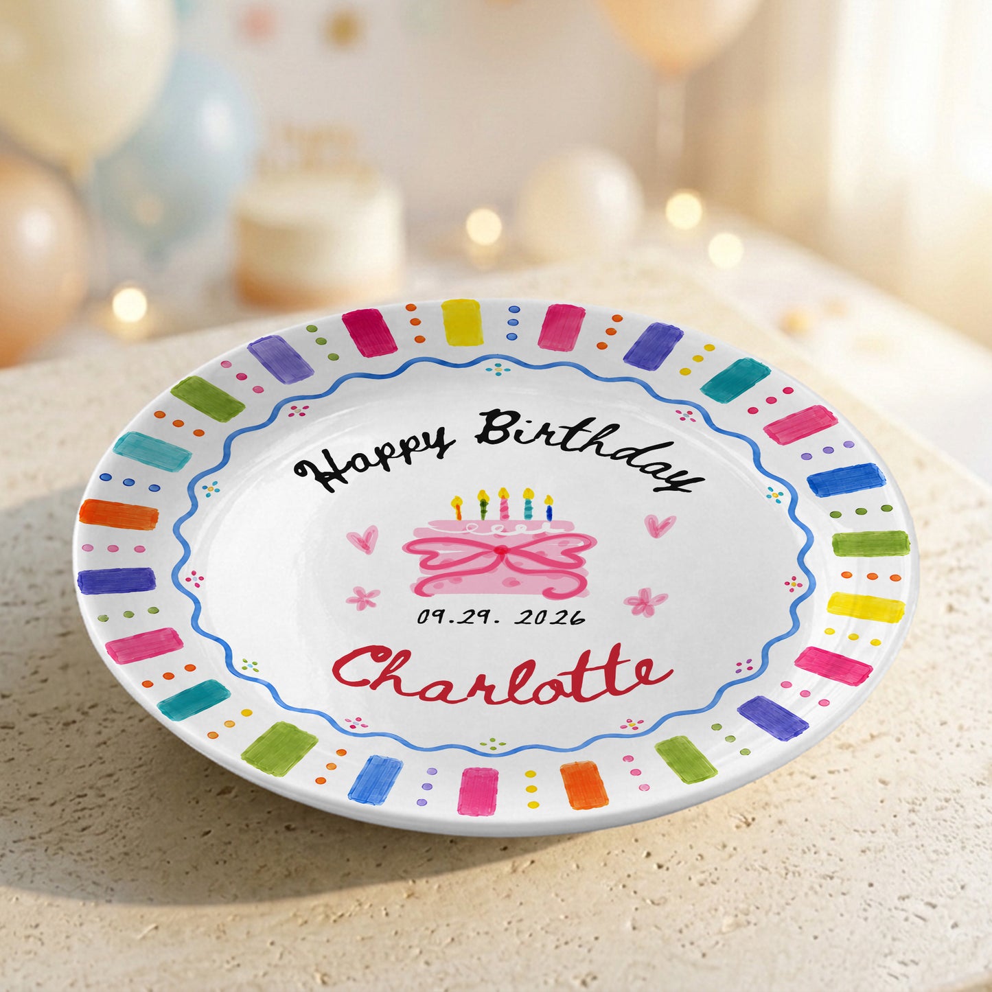 Rainbow Candles Birthday Cake Custom Name Gift Personalized Birthday Plate P814DRZ0