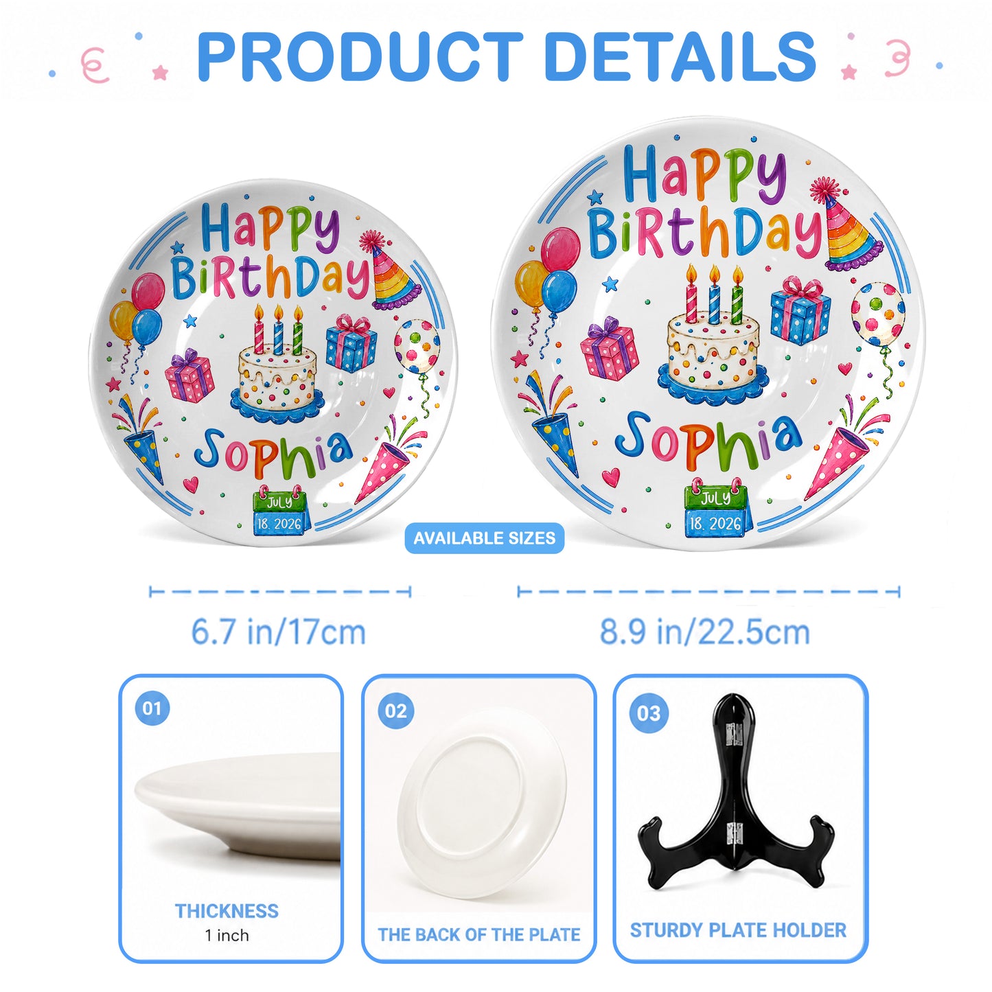 Colorful Party Cake Keepsake Gift Personalized Birthday Plate for Kids P86Z2N0