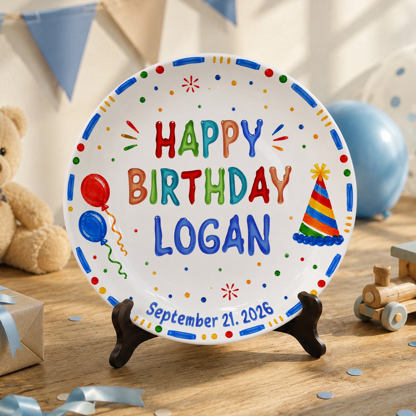 Colorful Balloon and Party Hat Birthday Personalized Birthday Plate P528XA40