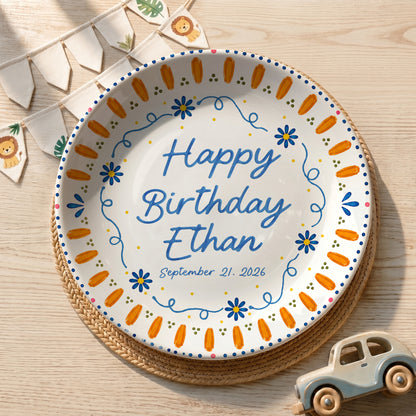 Orange Sunburst Border with Blue Flowers Personalized Birthday Plate P626HW0
