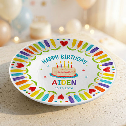 Colorful Candle Kids Birthday Keepsake Custom Name Date Personalized Birthday Plate P8140WR0