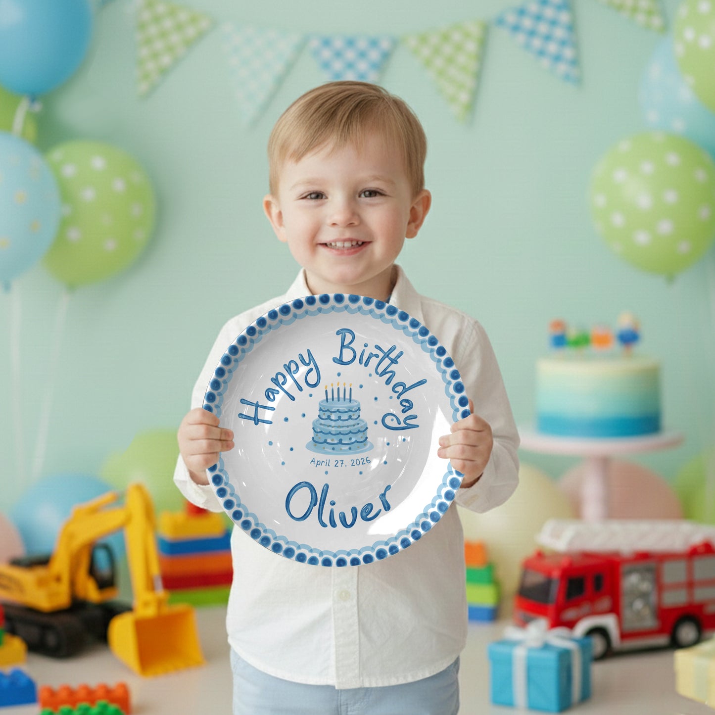 Blue Dotted Border and Cake Personalized Birthday Plate P32WRE0
