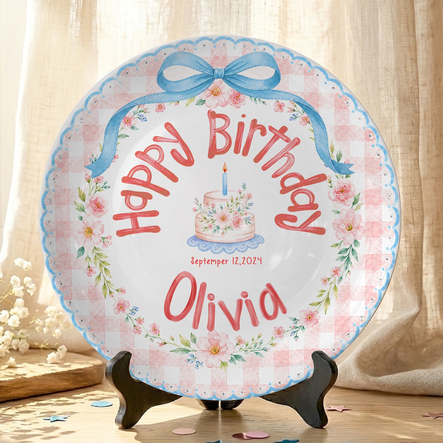 Blue Bow Gingham Floral Personalized Birthday Plate P561Y10