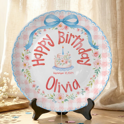 Blue Bow Gingham Floral Personalized Birthday Plate P561Y10