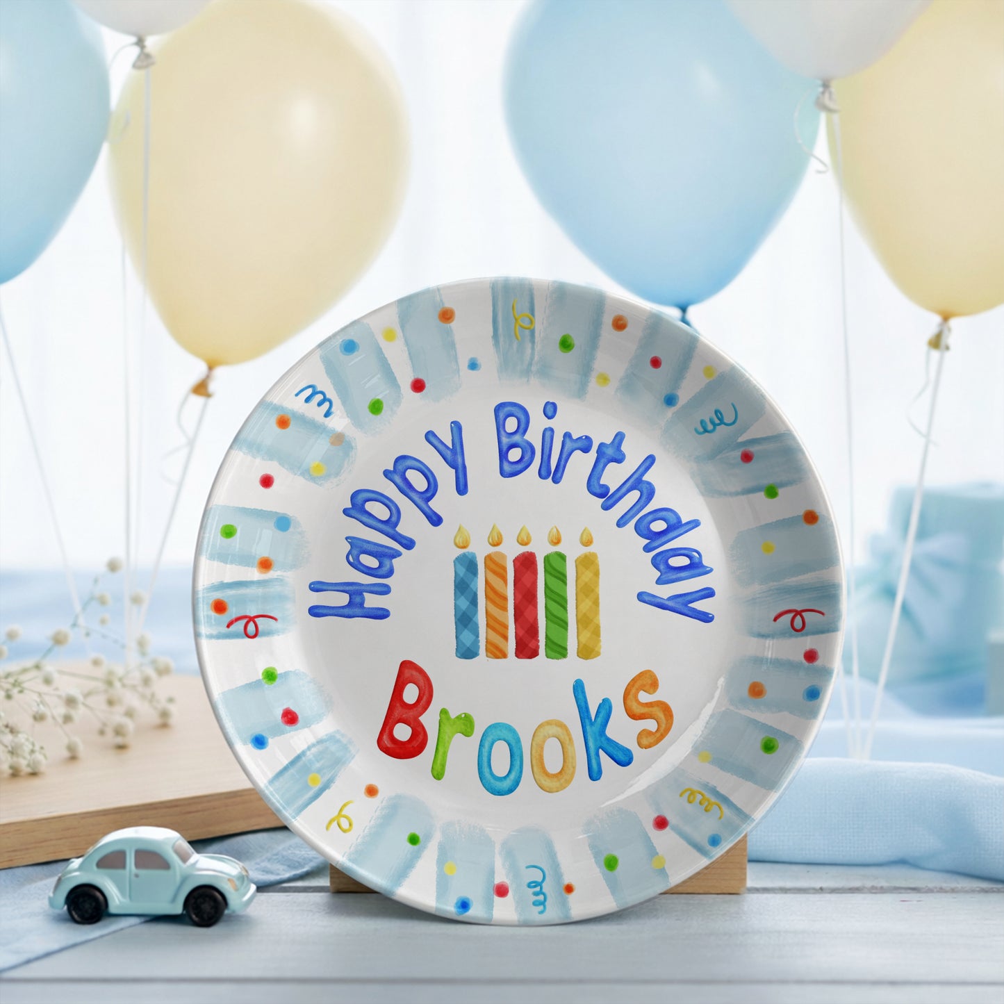 Colorful Candles with Blue Confetti Border Personalized Birthday Plate P23GWI0