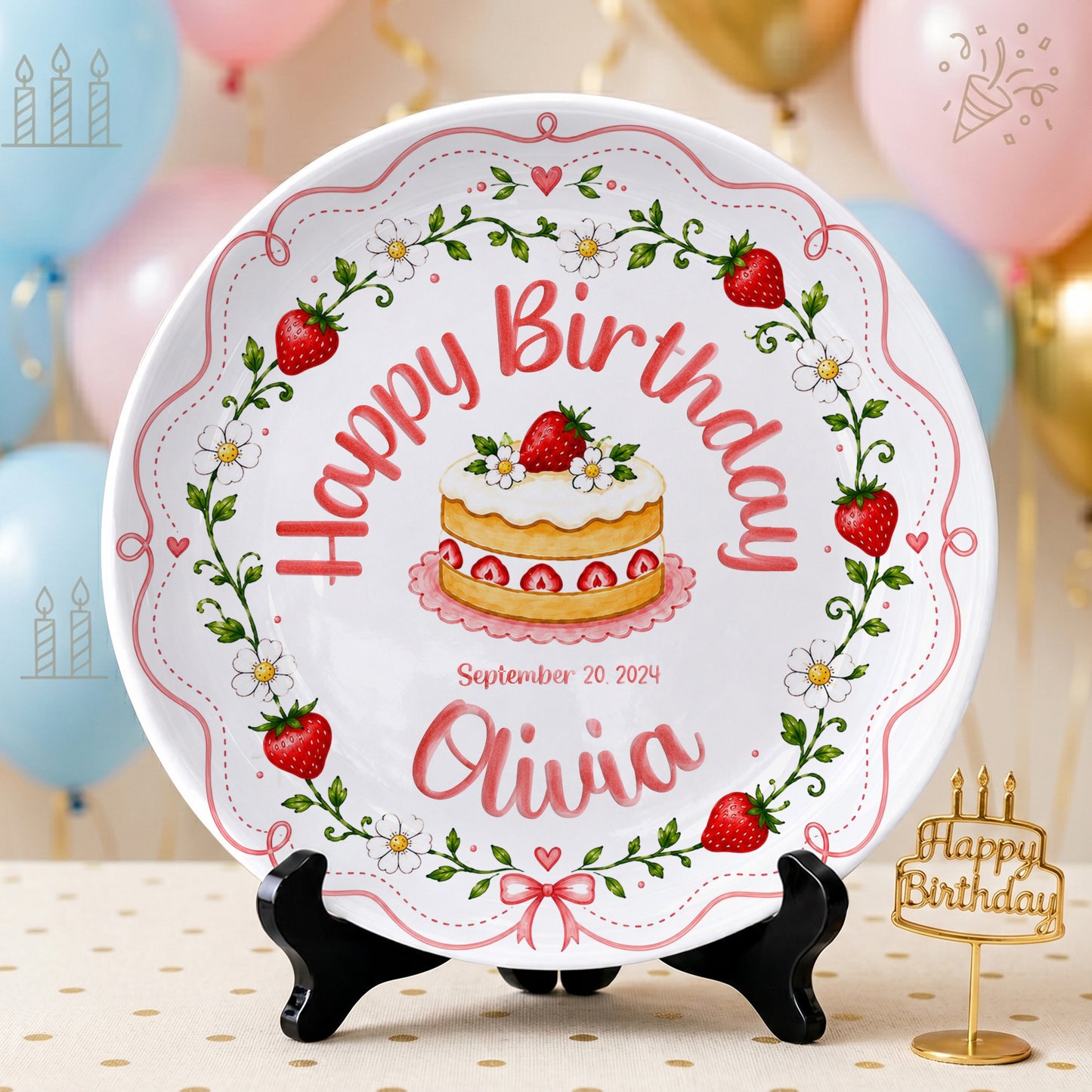 Pink Strawberry Birthday Keepsake Personalized Birthday Plate P73MUO0
