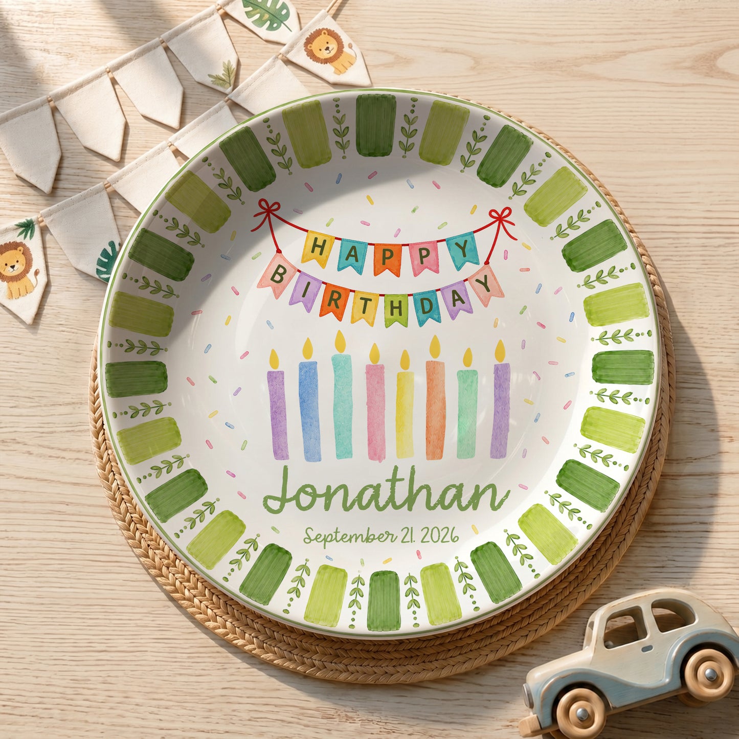 Green Striped Leaf Border with Birthday Banner and Colorful Candles Personalized Birthday Plate P66QSJ0