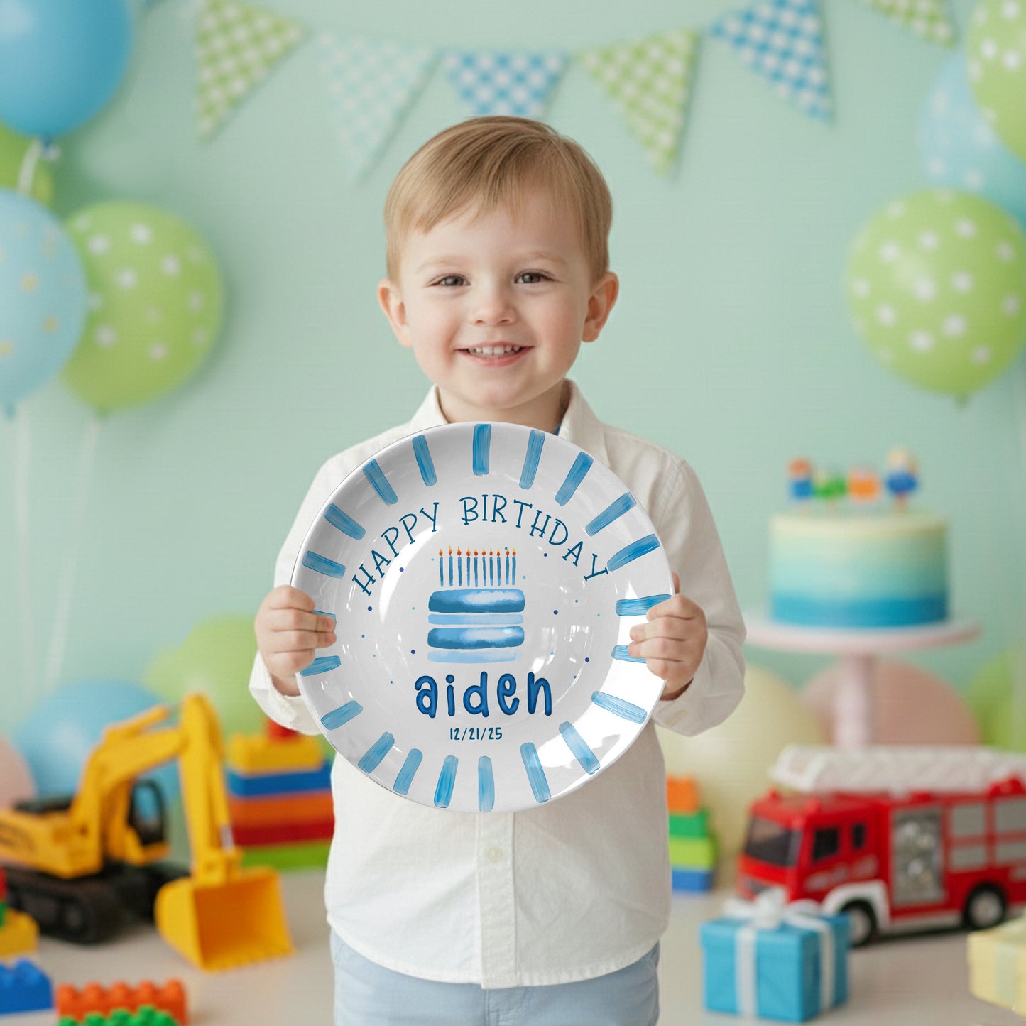 Blue Cake and Brush Stroke Border Personalized Birthday Plate P111BC60