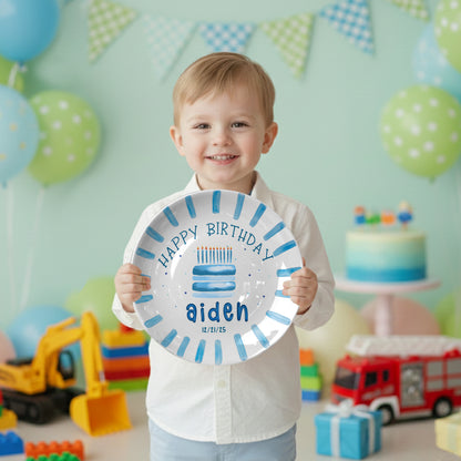 Blue Cake and Brush Stroke Border Personalized Birthday Plate P111BC60