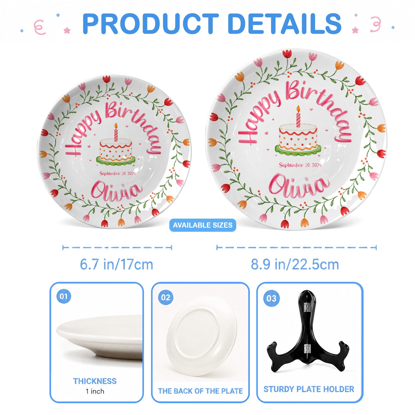 Tulip Floral Personalized Birthday Plate for Kids, Custom Name and Date Ceramic Keepsake P85E4U0
