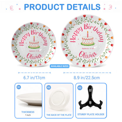 Tulip Floral Personalized Birthday Plate for Kids, Custom Name and Date Ceramic Keepsake P85E4U0